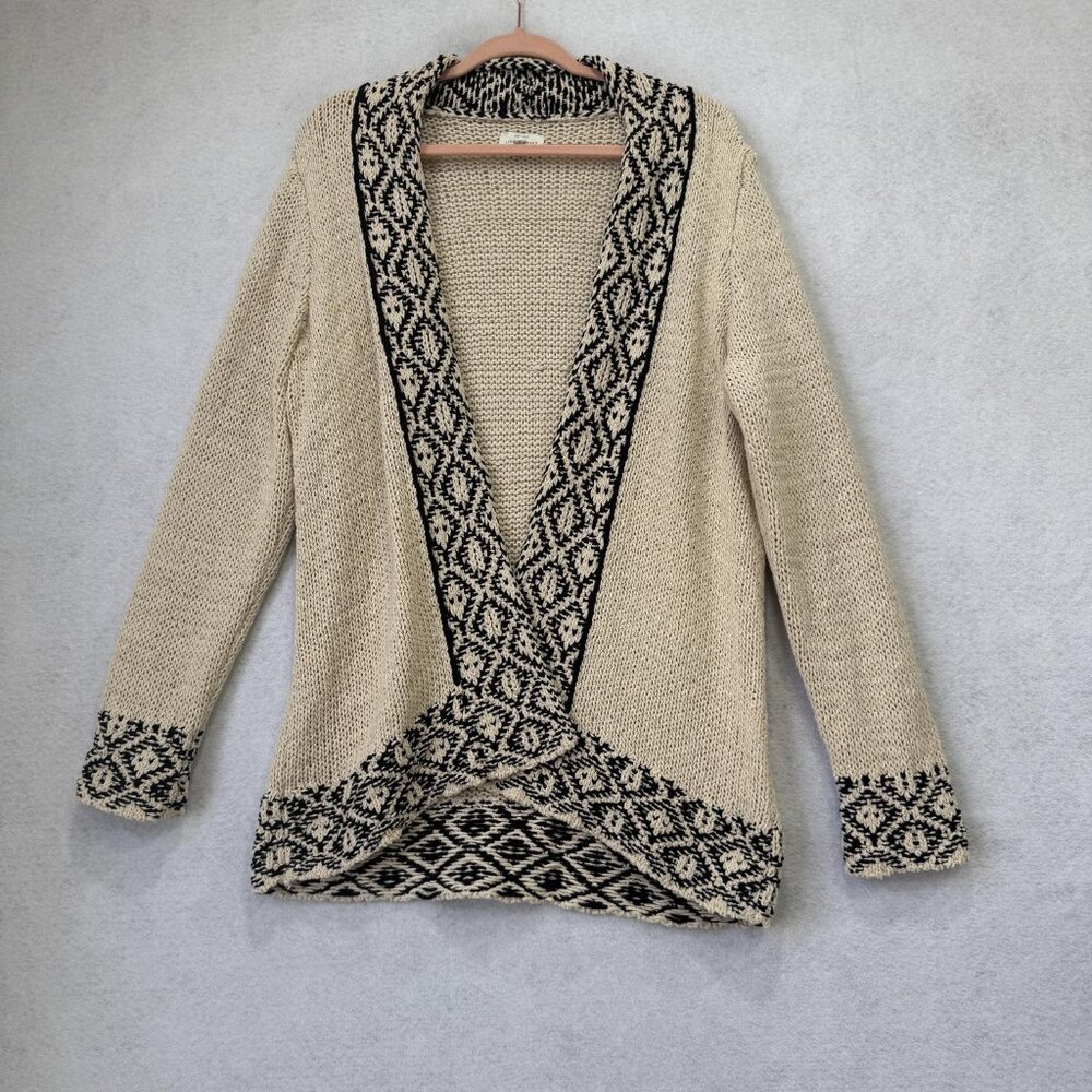 Lucky Brand Sweater Womens Large Beige Open Front Cardigan Geometric 7W51777